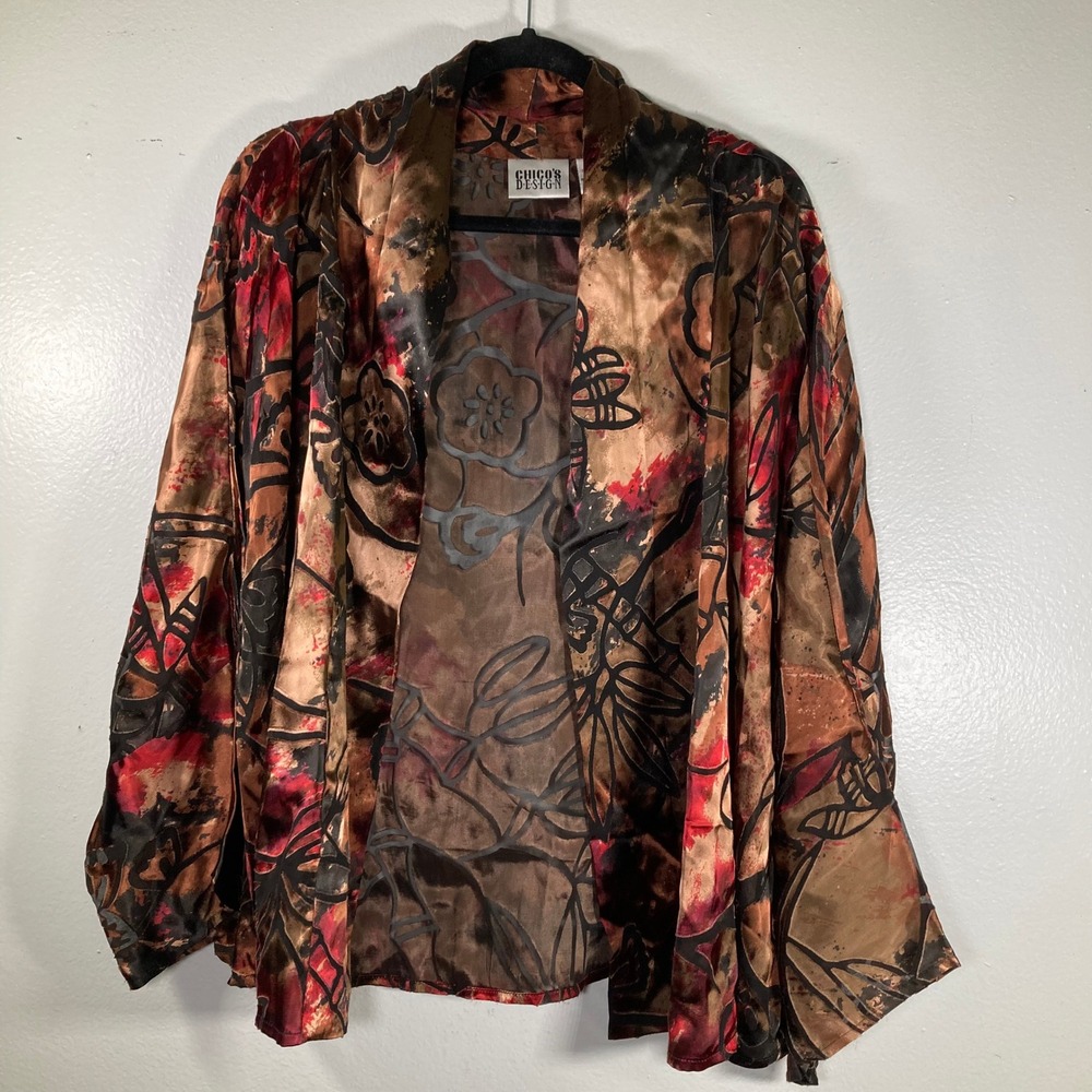 Chicos 3 Design Silk Blend Burnout Kimono Jacket Floral Red Brown